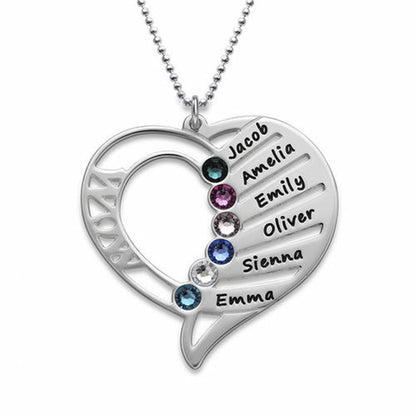 Custom 925 Sterling Silver Heart-Shaped Family Name & Birthstone Pendant Necklace - Personalized Jewelry