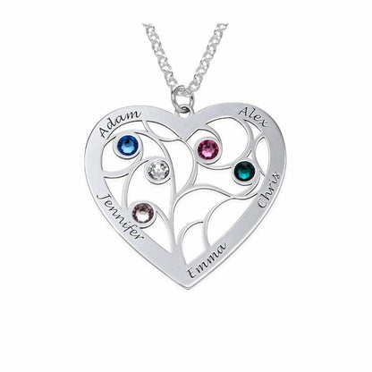 Silver personalized heart family tree necklace with custom engraved names and birthstones.