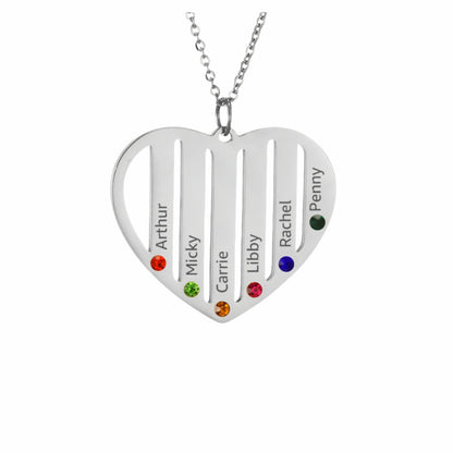 Silver personalized heart name necklace for family, engraved 1-6 names with birthstones.
