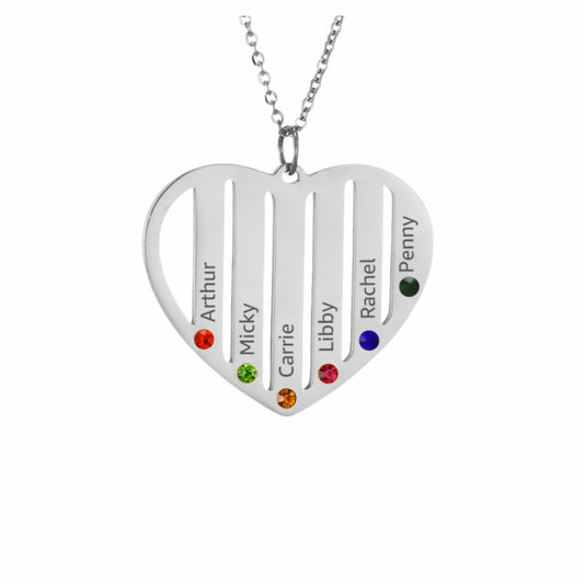 Silver personalized heart name necklace for family, engraved 1-6 names with birthstones.