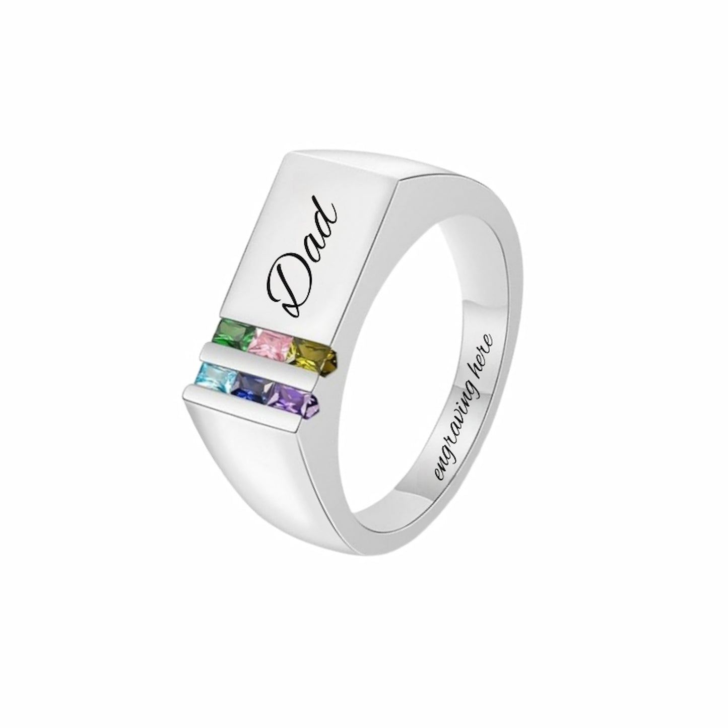 Silver personalized mens birthstone ring. Custom engraved "Dad" and inner text.