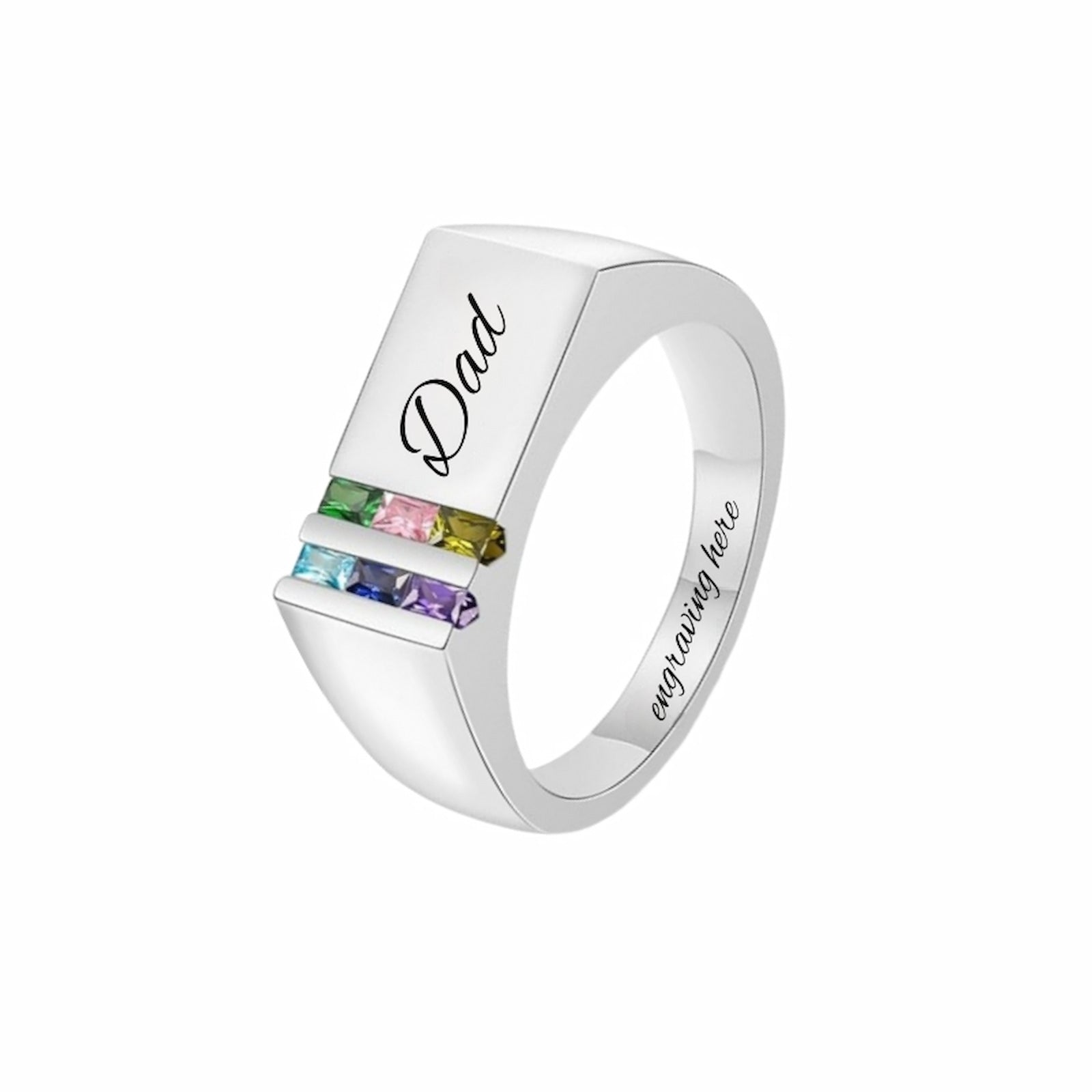 Silver personalized mens birthstone ring. Custom engraved "Dad" and inner text.