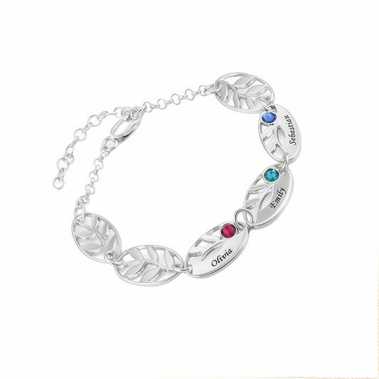 Silver Personalized Mother Leaf Bracelet with Birthstone & Engraved Names.