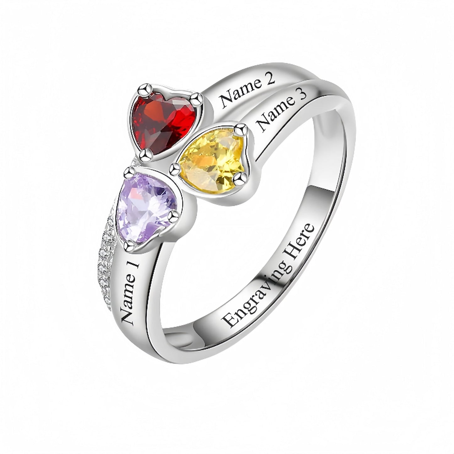 Silver personalized promise ring with 3 custom birthstones and engraving.