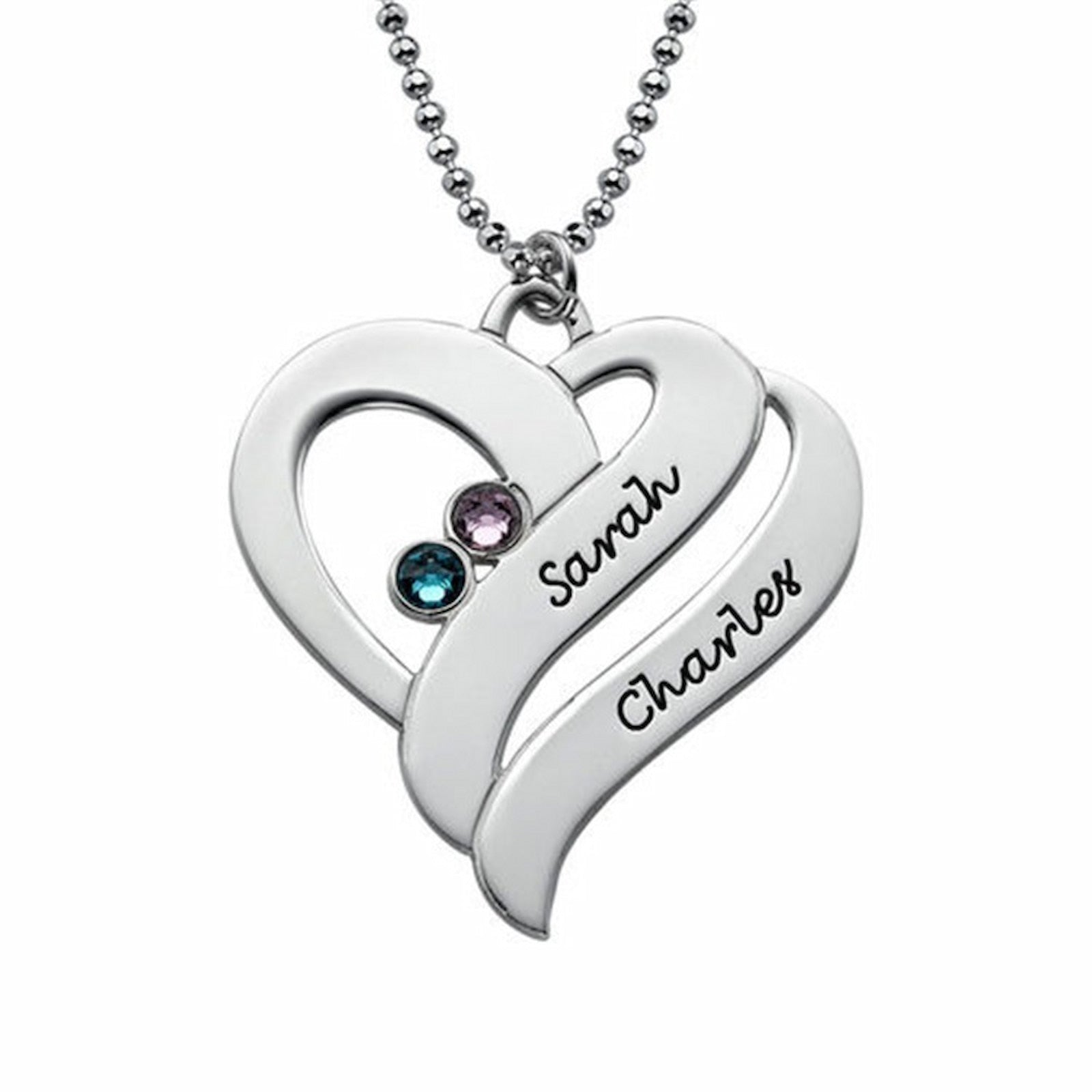 Front view of the silver two hearts forever necklace with custom names and birthstones on a ball chain.