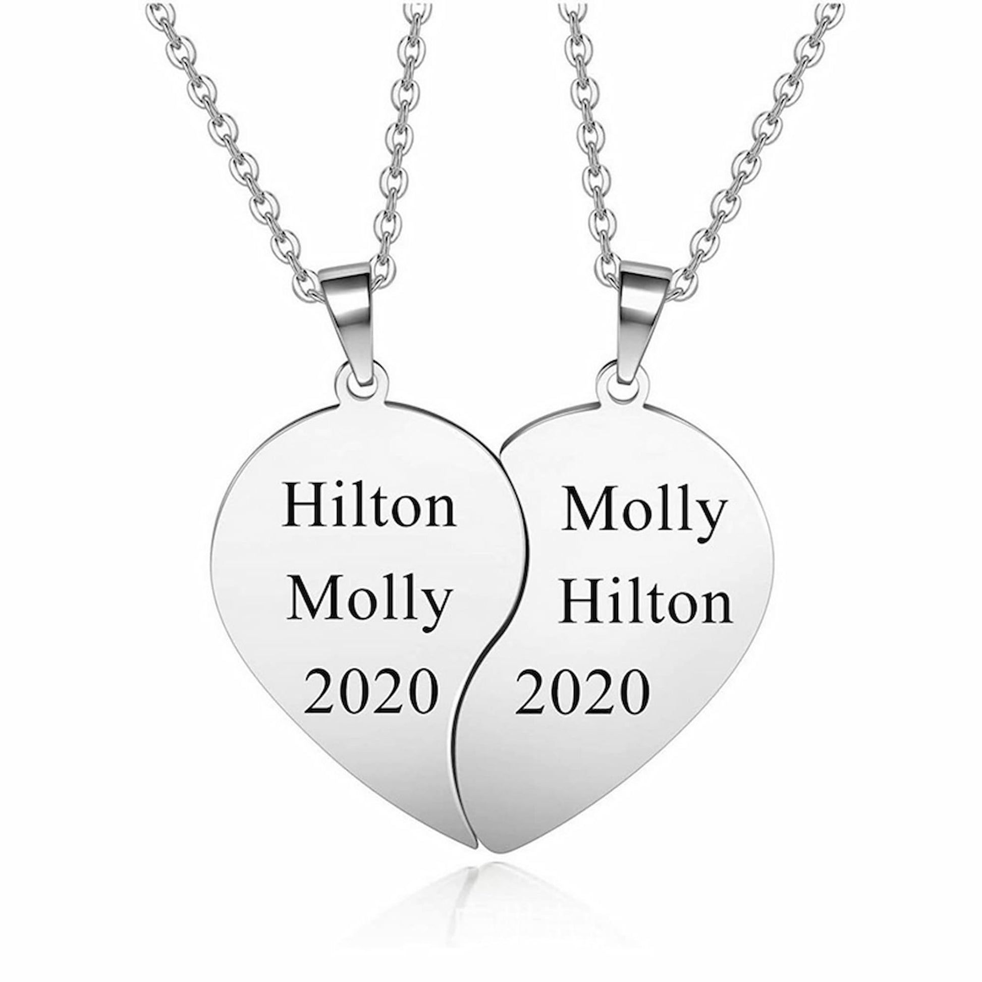 Two-piece silver heart pendant set symbolizing friendship, showing customized engraving and attached chains.