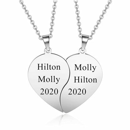 Two-piece silver heart pendant set symbolizing friendship, showing customized engraving and attached chains.