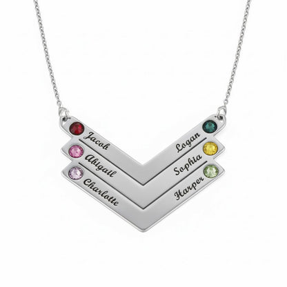 Personalized V-Shaped Family Birthstone Necklace with Custom Name Engravings