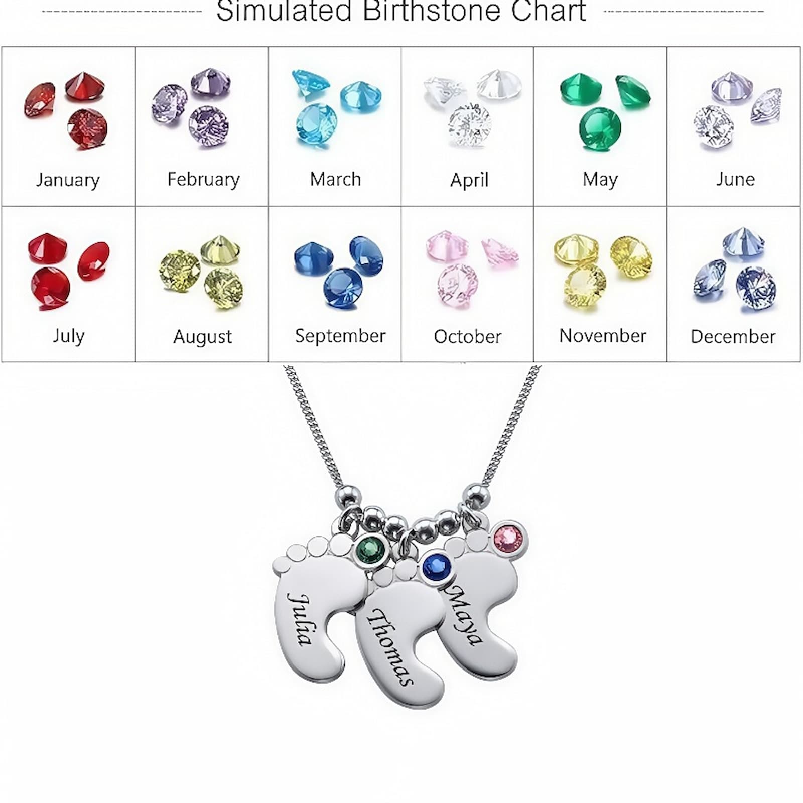 Simulated birthstone chart for baby feet name necklace. Colors for each month.