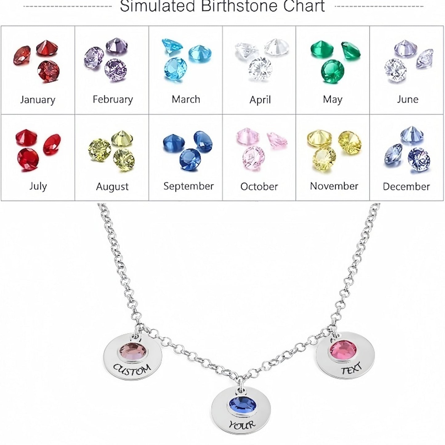 Simulated birthstone chart for custom disc pendant necklace, showing all month colors.