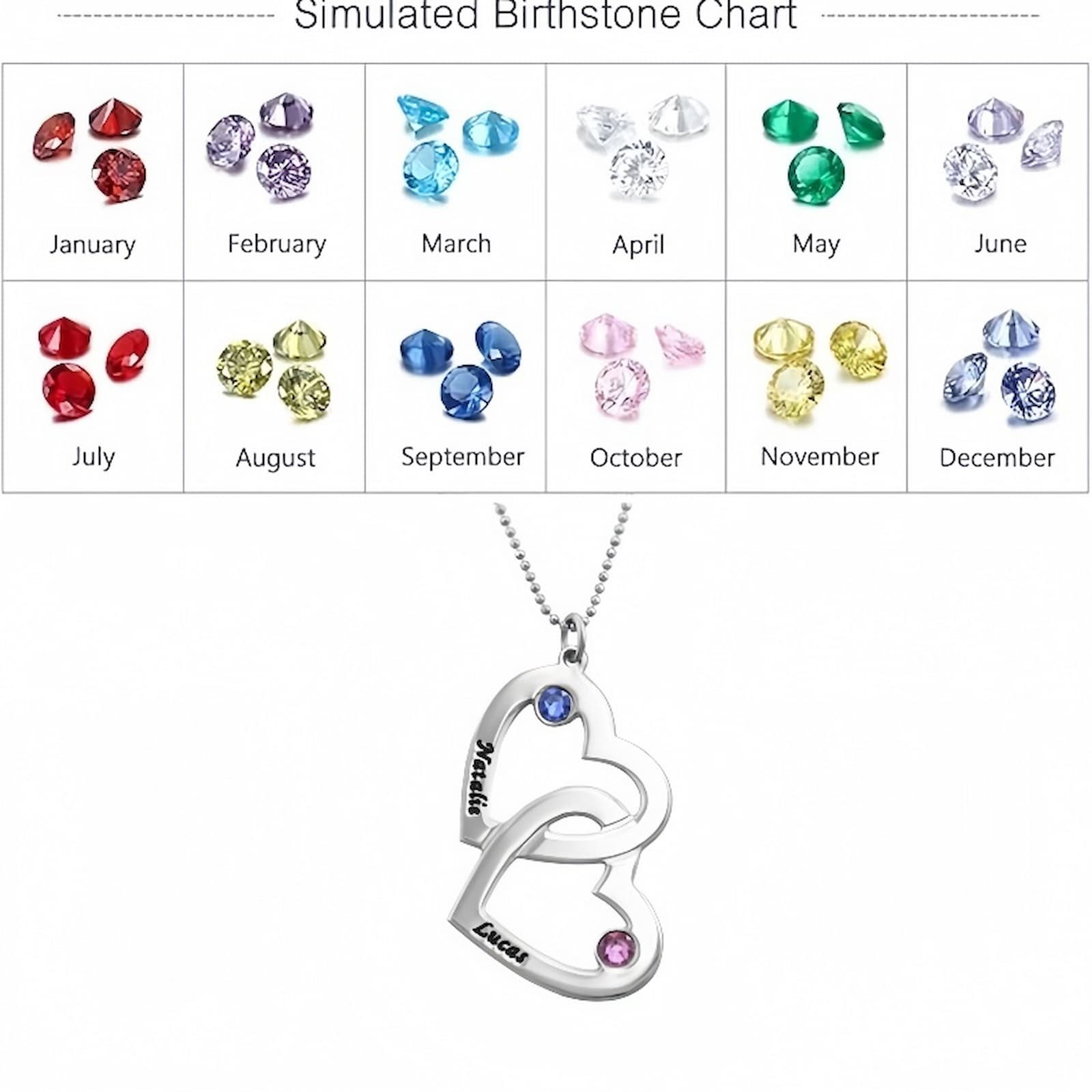 Image showing the full simulated birthstone chart for 12 months, along with the personalized silver heart necklace.