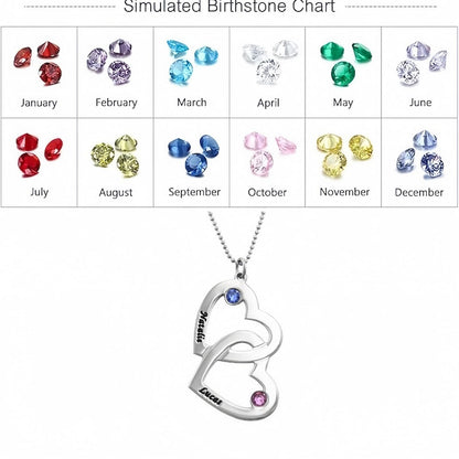 Image showing the full simulated birthstone chart for 12 months, along with the personalized silver heart necklace.