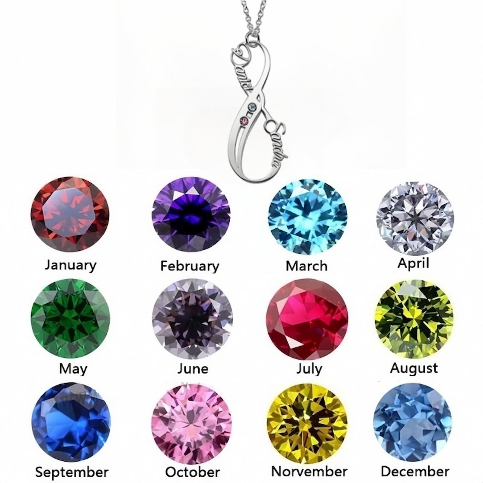 Simulated birthstone chart for infinity name necklace, showing monthly gem colors.