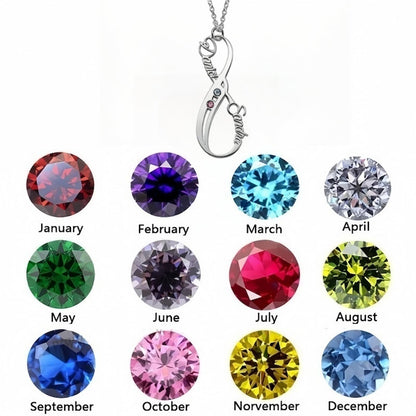 Simulated birthstone chart for infinity name necklace, showing monthly gem colors.