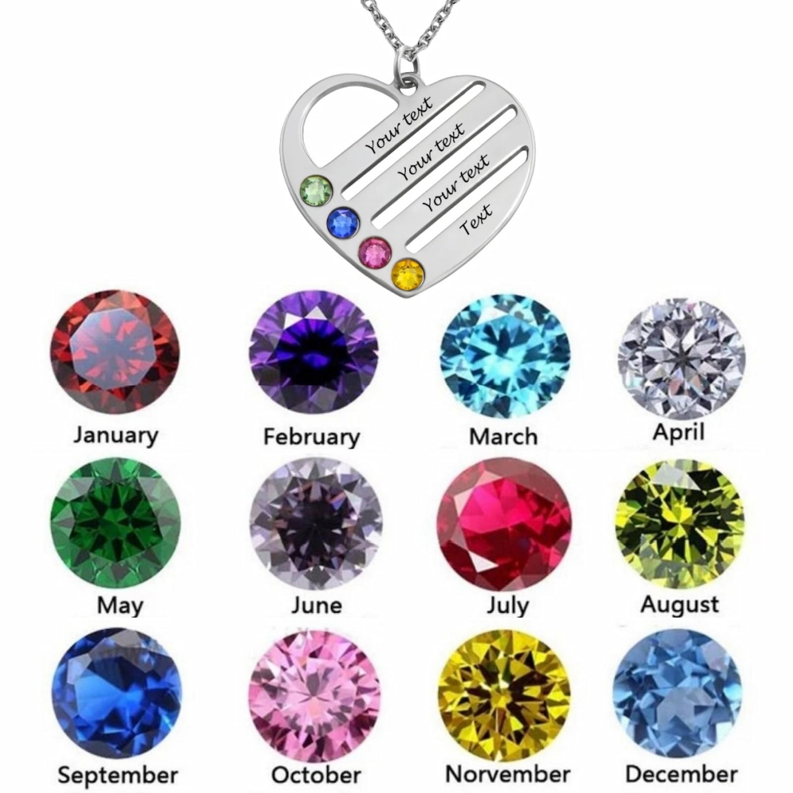 Simulated birthstone chart for multi-name heart necklace, showing birth month colors.
