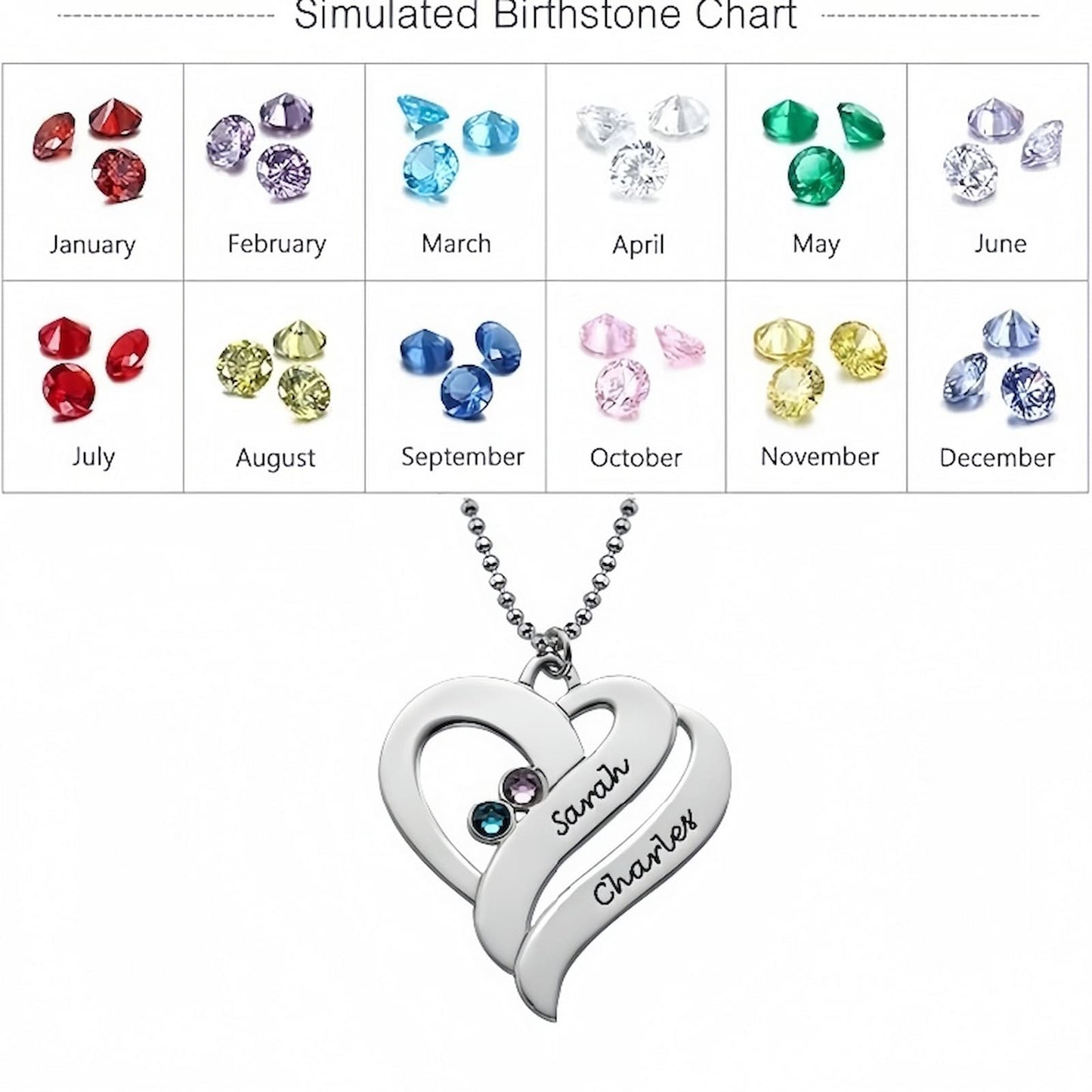 Simulated birthstone chart showing all 12 monthly options, positioned above the silver two hearts personalized necklace.