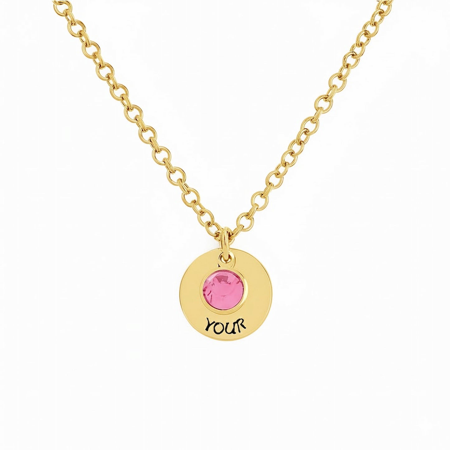 Gold custom 1 birthstone disc necklace with personalized text.