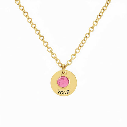 Gold custom 1 birthstone disc necklace with personalized text.
