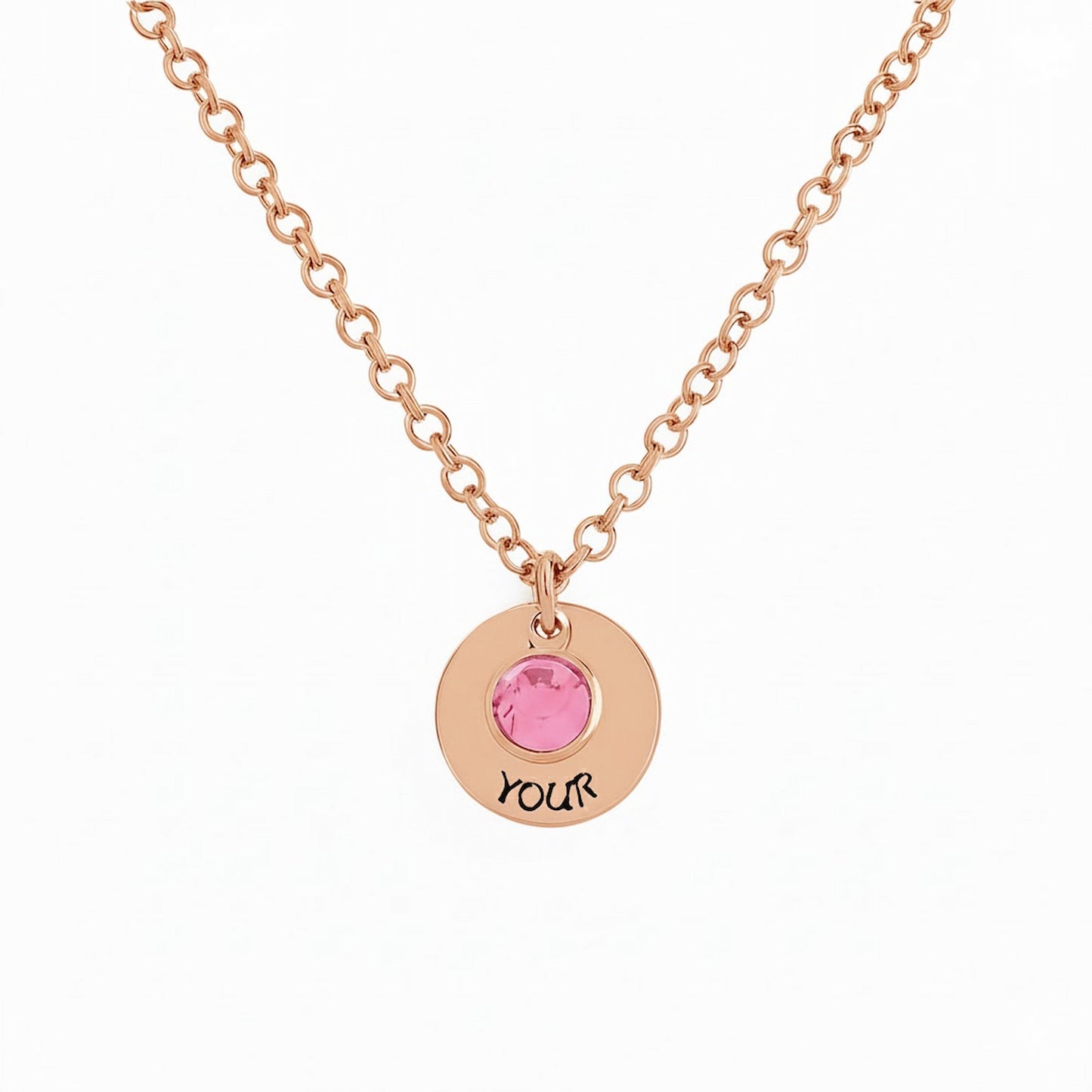 Rose gold custom 1 birthstone disc necklace with personalized text.