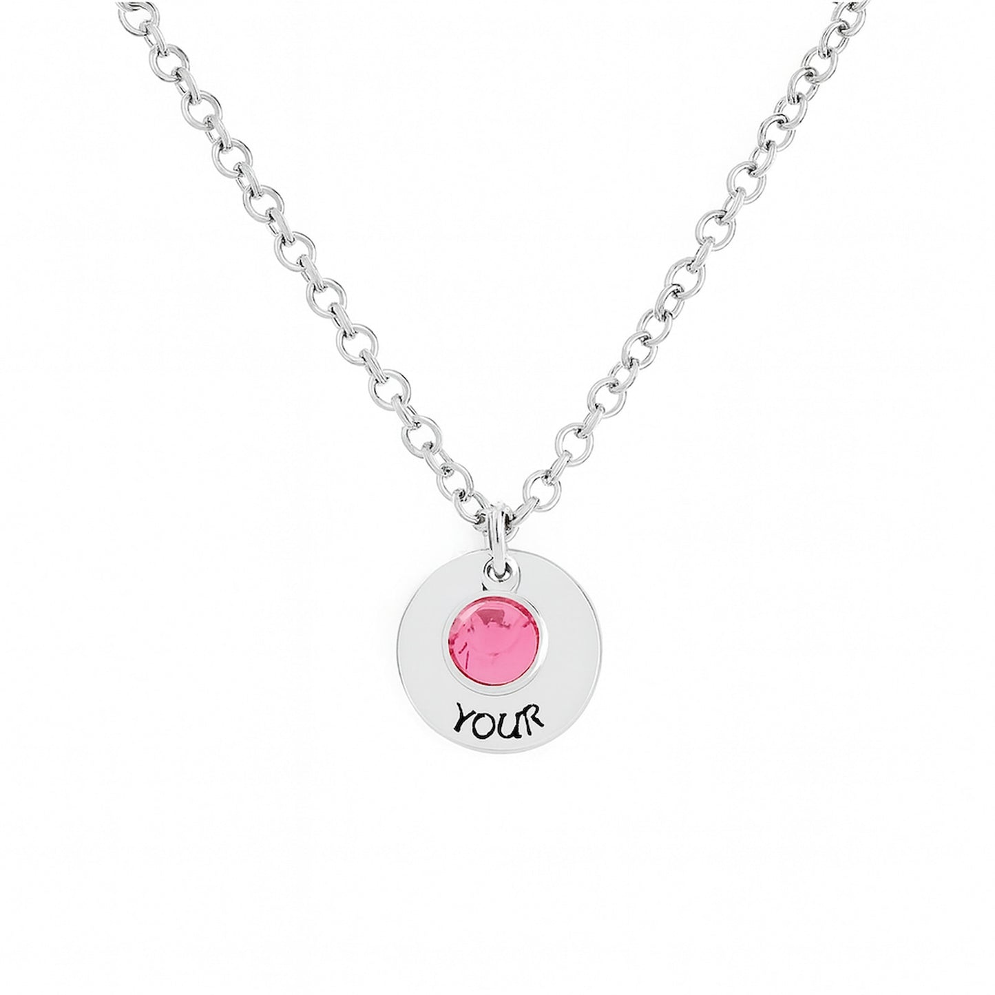 Sterling silver custom 1 birthstone disc necklace with personalized text.