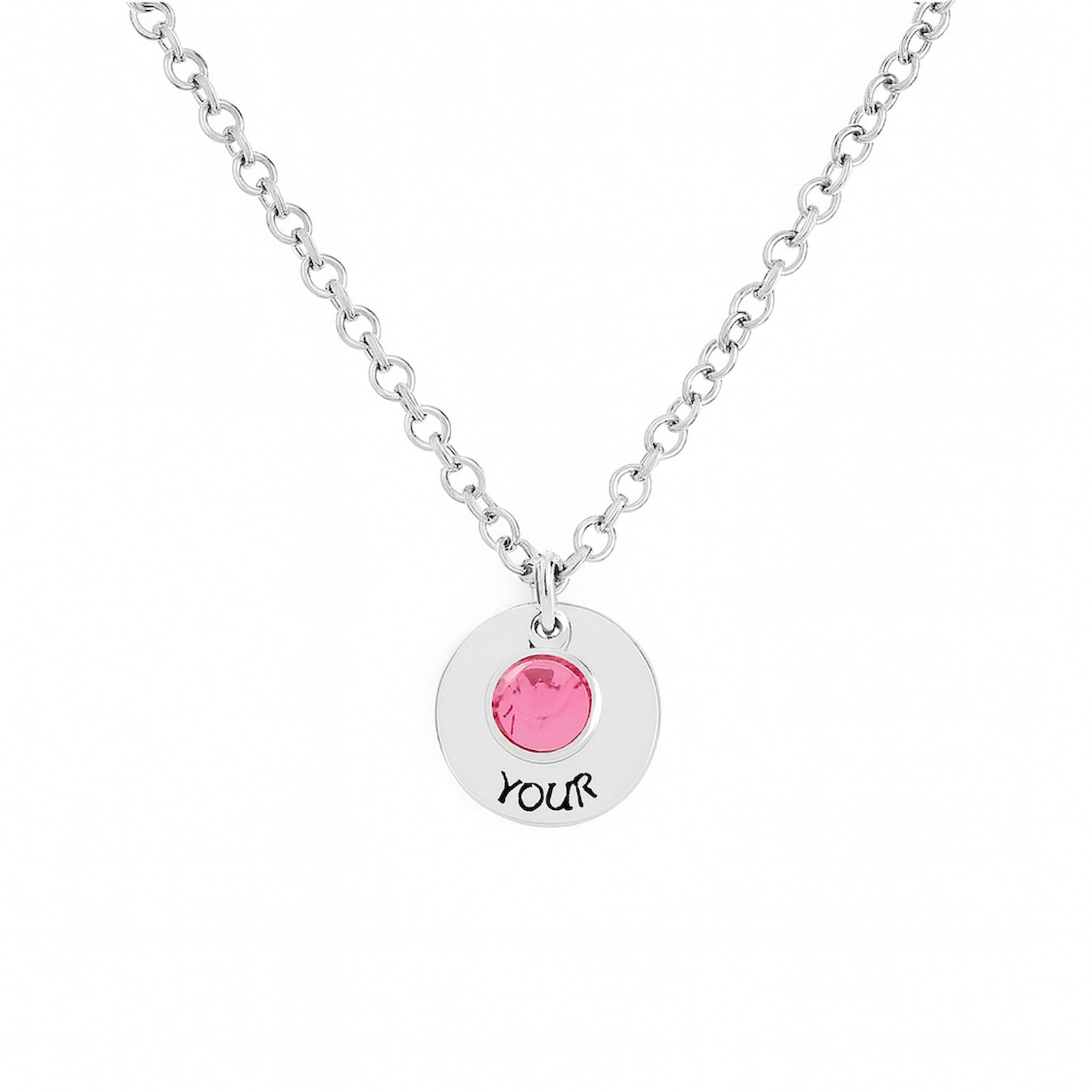 Sterling silver custom 1 birthstone disc necklace with personalized text.