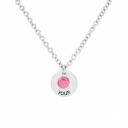 Sterling silver custom 1 birthstone disc necklace with personalized text.
