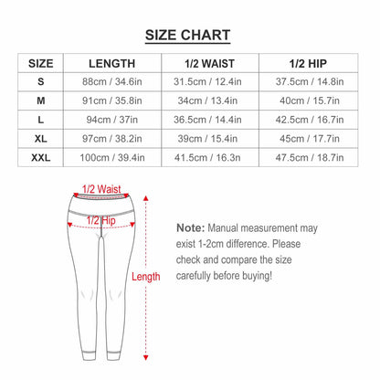Size chart for Women's High Waisted Leggings. Length, Waist, and Hip measurements included.