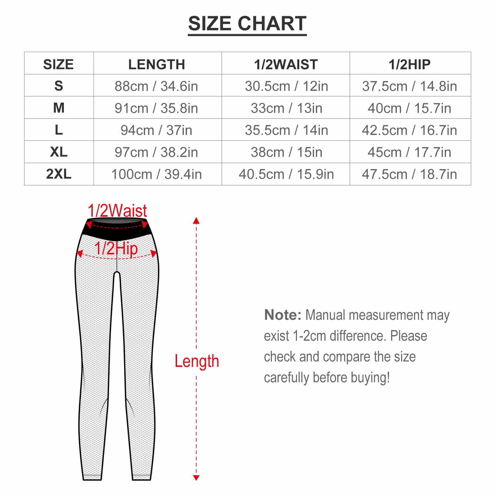 Size Chart for Honeycomb Scrunch Butt Lifting Leggings - Waist Hip Length
