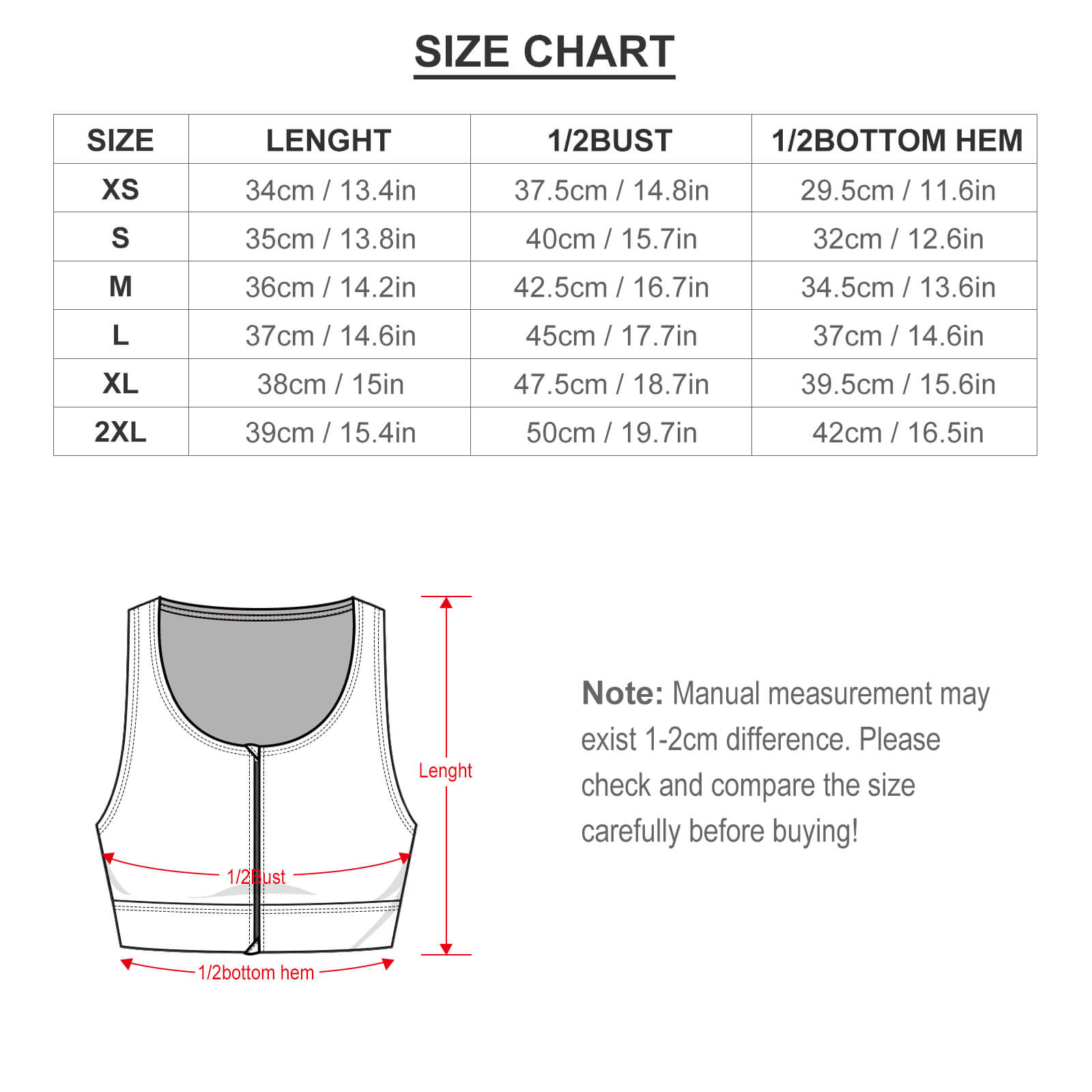 Size chart for women's yoga zipper vest: length, bust, and bottom hem measurements.