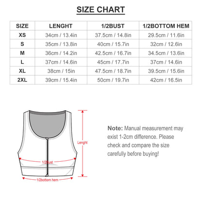 Size chart for women's yoga zipper vest: length, bust, and bottom hem measurements.