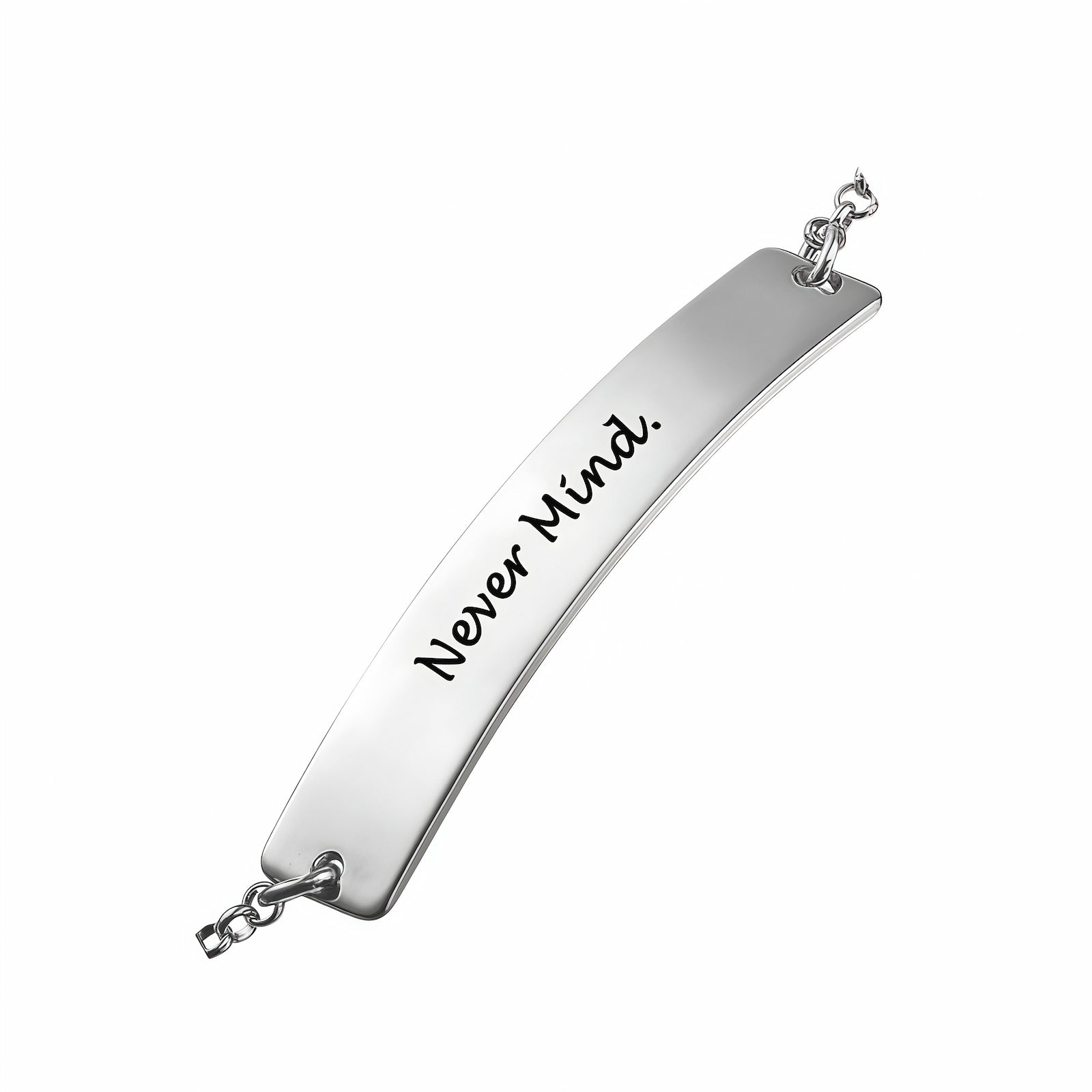 Custom Skinny Sterling Silver Bar Bracelet with Never Mind Engraving for Women.