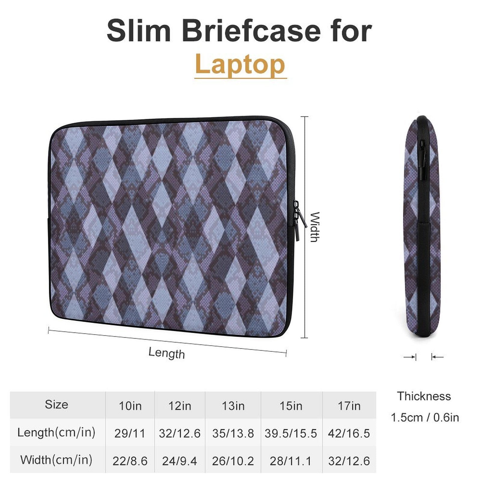 Slim Briefcase Laptop Bag size chart showing dimensions for 10-inch to 17-inch sizes.