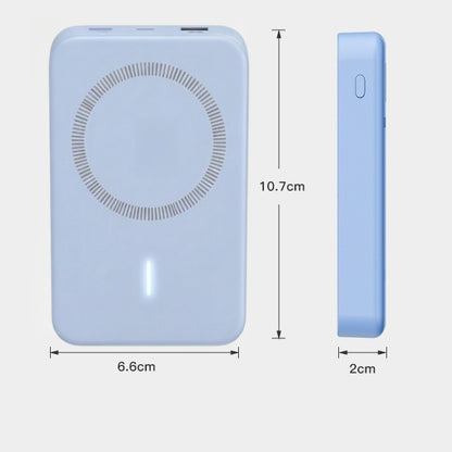 Dimensions diagram of a slim 10.7cm x 6.6cm power bank.