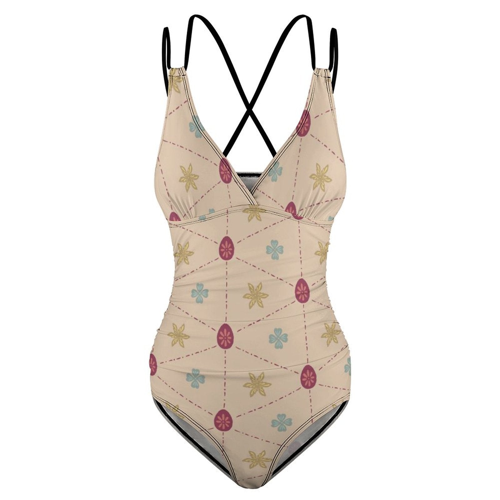 Personalized Printed One Piece Swimsuit, Crisscross Back, Slimming Bathing Suit product shot.