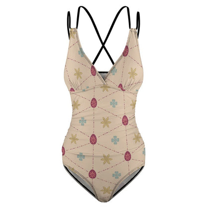 Personalized Printed One Piece Swimsuit, Crisscross Back, Slimming Bathing Suit product shot.