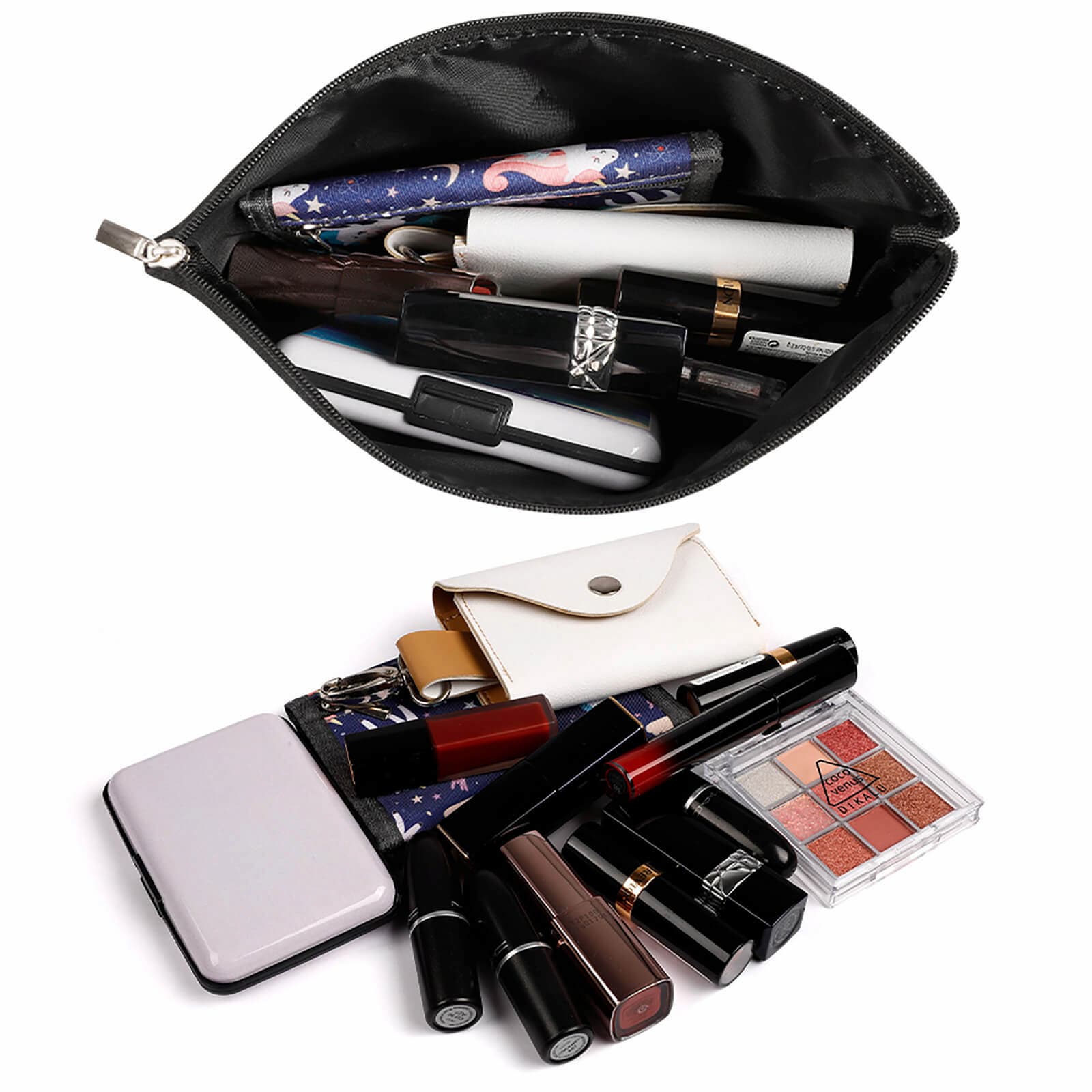 Contents of the Small Cow Print Makeup Bag displayed, showing capacity for lipstick, palette, and other cosmetics.