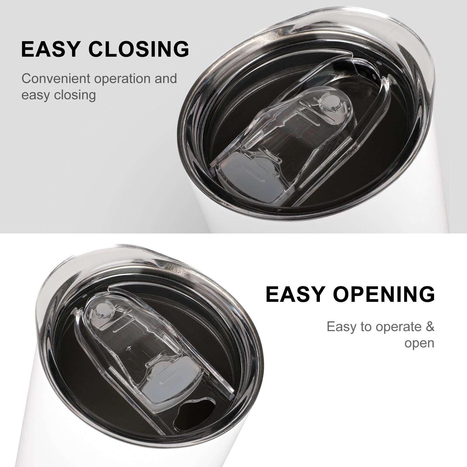 Splash-proof lid detail showing easy opening and convenient closing function.