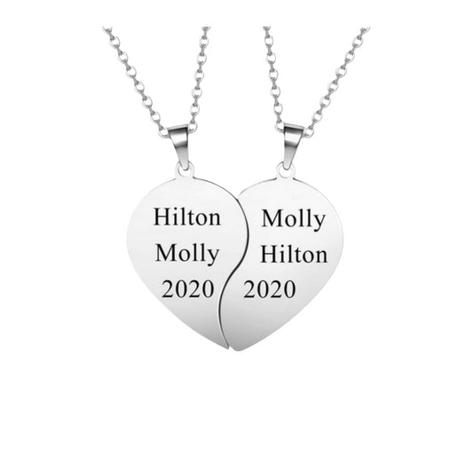 Personalized Engraved Couples Heart Necklace,Best Friends Custom Split Heart Pendant