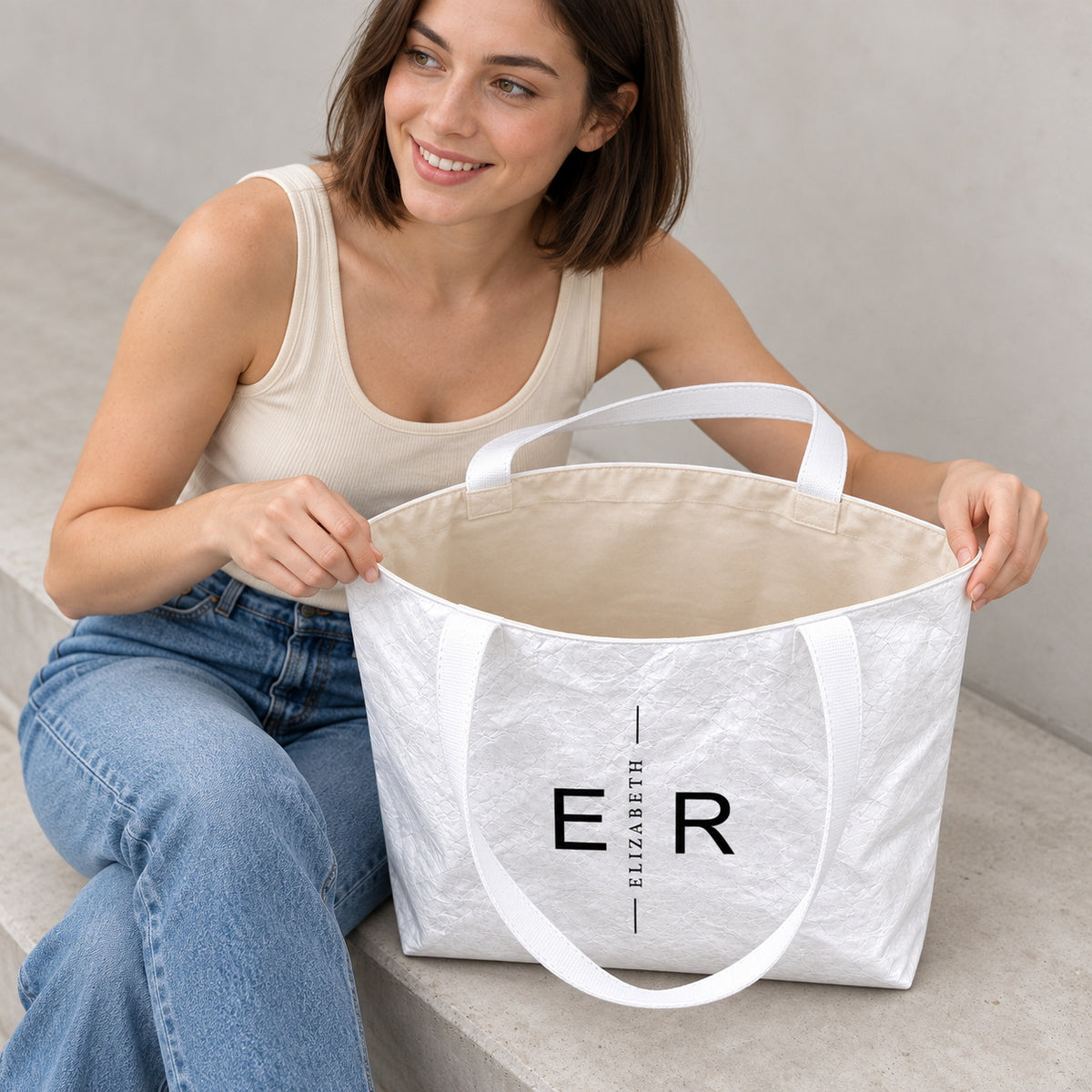 Personalized Initial & Name Tote Bag, Lightweight Paper-Like Custom Monogram Gift for Women, Work, College & Travel
