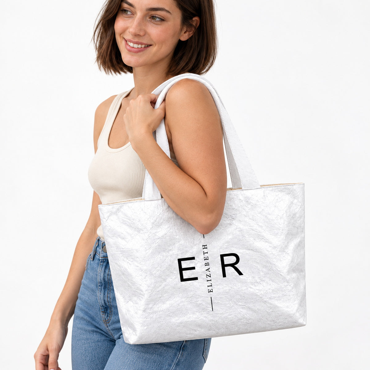 Personalized Split Initials Tote Bag with Vertical Name - gift and everyday carry scene