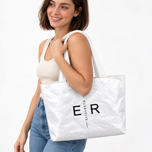 Personalized Split Initials Tote Bag with Vertical Name - gift and everyday carry scene