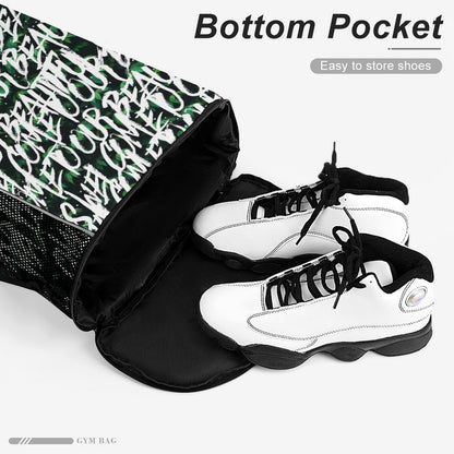 Sport Drawstring Bag showing the separate bottom zipper pocket for storing shoes.