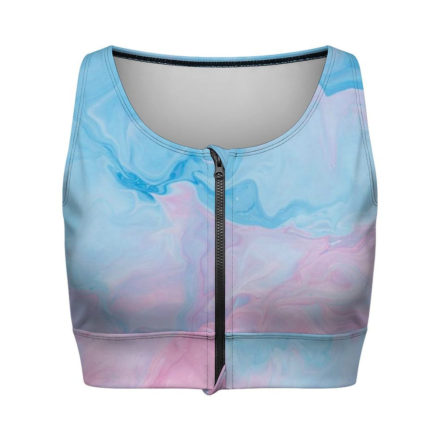Close-up of personalized marble print sports bra with front zipper closure.
