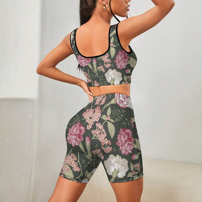Sports bra and high waisted biker shorts set back view, floral tracksuit.