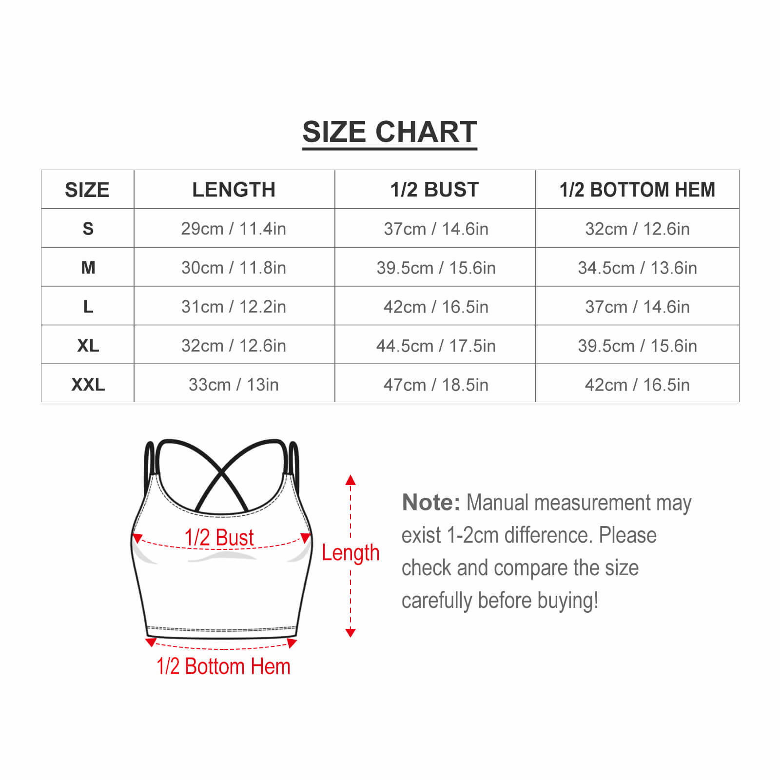 Detailed size chart and measurements for scoop neck sports bra. guide for length, bust, and hem.