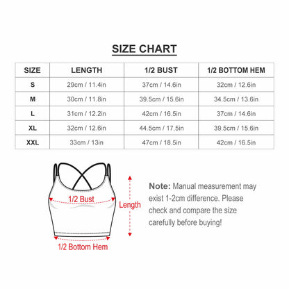 Detailed size chart and measurements for scoop neck sports bra. guide for length, bust, and hem.