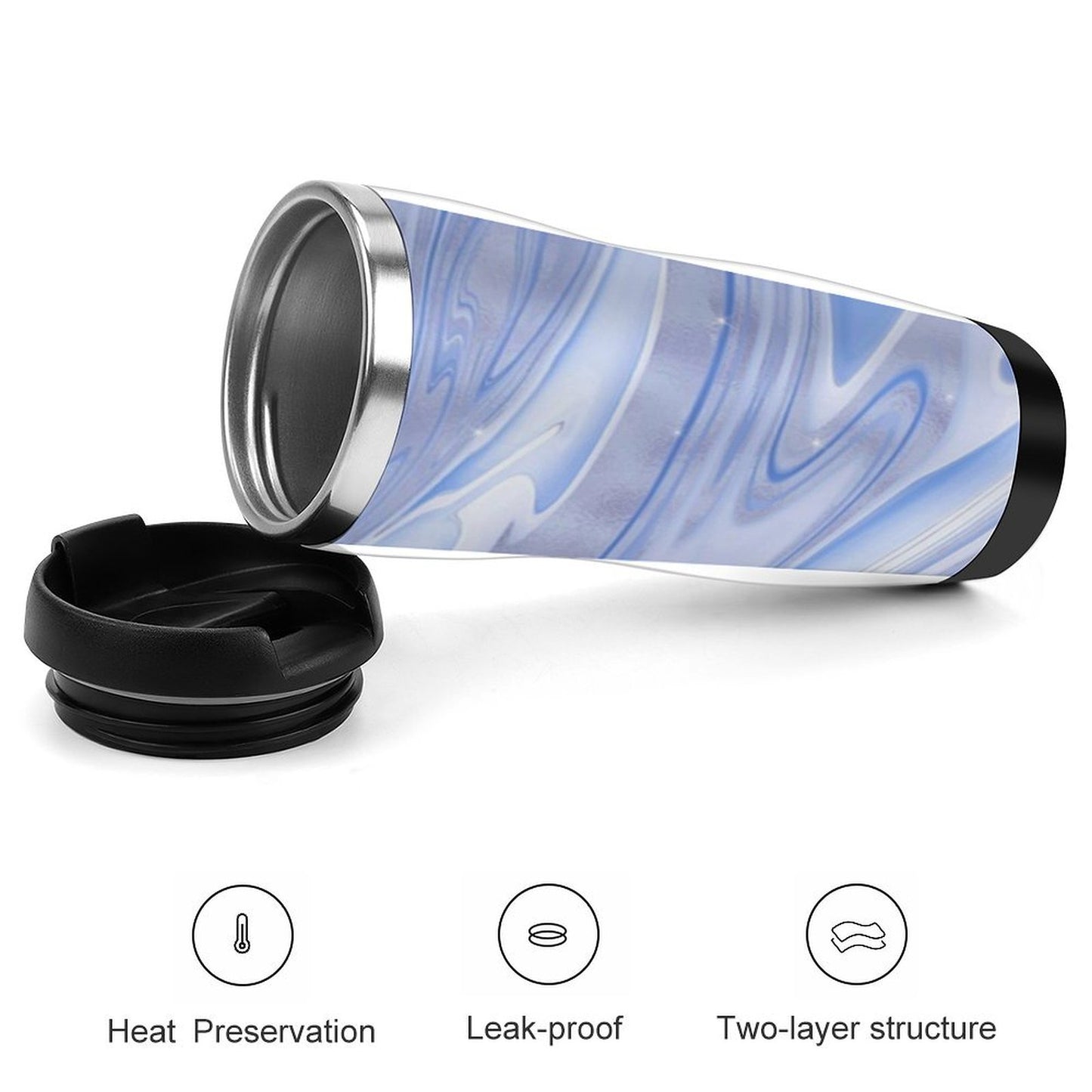 Insulated reusable coffee cup open view showing leak-proof and two-layer structure.