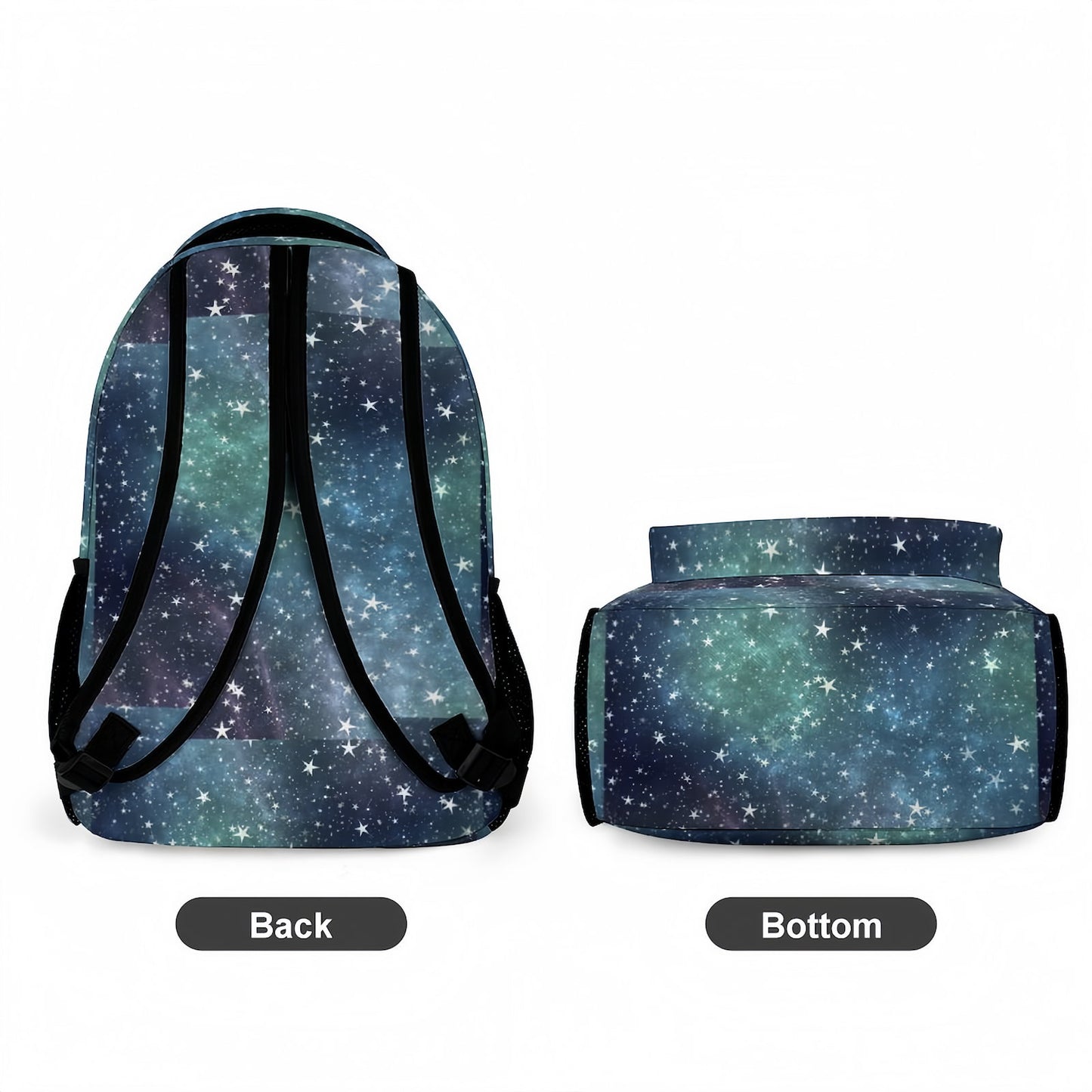 Back and bottom view of the Star Print Backpack, showing padded straps and base.