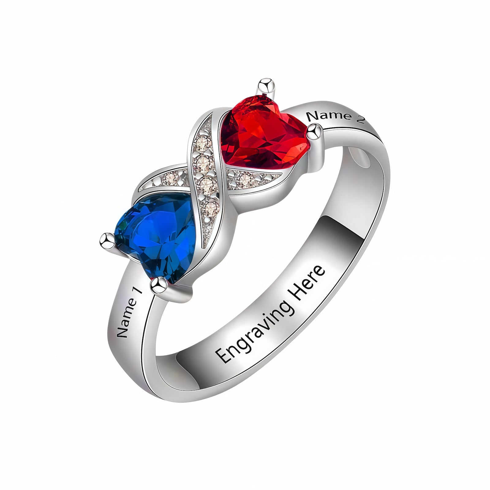 Sterling Silver couple promise ring with 2 customizable heart birthstones (red & blue).