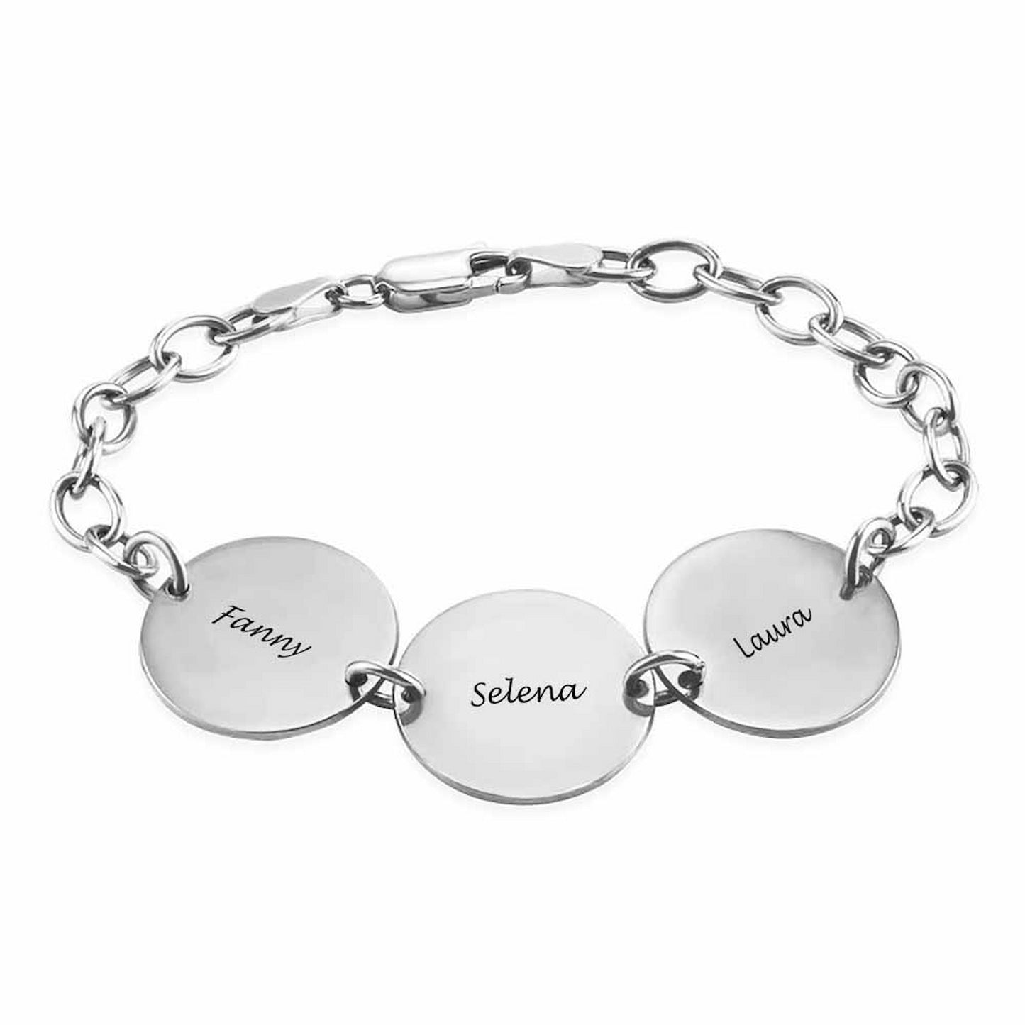 Sterling silver personalized name bracelet with 3 discs.
